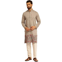 Sojanya (Since 1958 Men's Cotton Silk Daman Embroidered Grey Kurta With White Pyjama