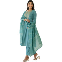 Sanisa Women's Cotton Slub Embroidery Sequin Work Kurta With Pant And Dupatta Set (239Kbd2524N-Xl_Dusty Teal Green)