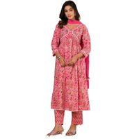 Varanga Pink Floral Printed A-Line Kurta With Side Slits Paired With Tonal Bottom And Dupatta