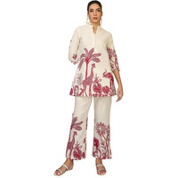 Nainvish Women's Floral Straight Rayon Blend Mandarin Collar Co-Ord Set (Sd857_Kb-S_Beige & Maroon)