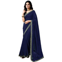 Shivtextiles Women's Vichitra Silk Solid Saree(Sat-574-Blue)
