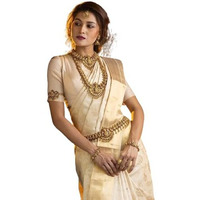 Flosive Women's Cream Woven Kanjivaram Wedding Saree With Blouse