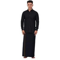 Prakasam Cotton Mens Single Small Border (1.28X2.00 Mtrs) Black Dhoti + Readymade Full Sleeve Shirt
