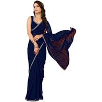 Satrani Women's Georgette Mirror Lace Work Saree With Unstitched Blouse Piece (4255S662N_Navy Blue)