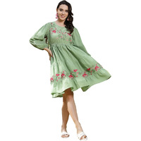 Stylum Women's Solid & Embroidered Cotton Tiered Dress (Drspistaleeta36_Pista Green, S)