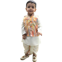 A.T.U.N. (All Things Uber Nice) Boys Off White Kurta Dhoti With Printed Nehru Jacket (3 Piece Set)