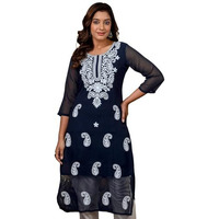 Sanisa Women's Georgette Chikankari Embroidery Straight Kurti (481K10052N-L_Navy Blue & White)