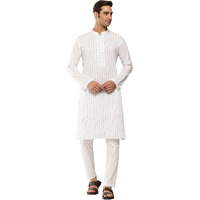 See Designs Men's Long Sleeve White Thread Worked Pure Cotton Straight Kurta With Pyjama - Sddkt252601L
