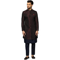Kisah Men's Maroon And Navy Blue Indo-Western Kurta Sherwani Trousers Set Cotton Full Sleaves, Knee Length, Straight, Regular Fit, Mandarin Collar Ethnic Wear