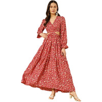 Kzully Women's Crepe A-Line Maxi Casual Dress (Sfs-2001-Red-Rose-L-Print_Red-Peach