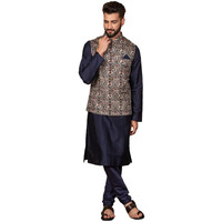 Kisah Men's Kurta Jacket Churidar Set, Grey Cotton Blend, Printed Regular Fit Mandarin Collar Long Sleeves (40)