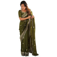Satrani Women's Silk Sequins Embroidery Scalloped Border Saree With Unstitched Blouse Piece (4318S172N_Olive Green)