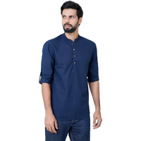 See Designs Men's Roll-Up Sleeve Mandarin Collar Men Navy Pure Cotton Slub Short Kurta - Sdkt2975Xl