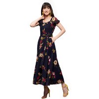 Miss Chase Women's Square Neck Short Puff Sleeve Floral Fit & Flare Georgette Midi Dress (Mcss22D16-21-178-05, Multicolored-Base-Navy Blue, L)