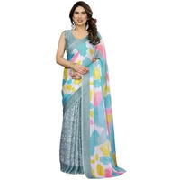 Satrani Women's Chiffon Printed Saree With Unstitched Blouse Piece (4431S731N_Dusty Turquoise &Multi)