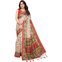 Yashika Women's Printed Kalamkari Art Silk Saree With Tassels And Unstitched Blouse Material (Az-Ys-P1-Soorvi Chiku Red Jhalar)