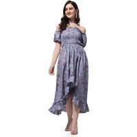 Oomph! Flared Dress For Women Stylish | Long One Piece For Women | Off Shoulder Puff Sleeve Long Dress | Floral Print Maxi One Piece | Western & Fusion Wear Bohemian Style Grey