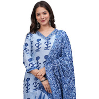 Rytras Women's Pure Cotton Printed Straight Kurta Set With Palazzo Pants & Dupatta- Ethnic Wear, Blue(Ryt616-New,M)