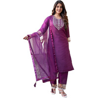 Sanisa Women's Art Silk Sequence Embroidery Work Straight Kurta With Pant And Dupatta Set (163Kbd1755Nr-L_Wine)