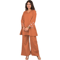 Shienzy Stylish Printed Cotton Blend Co Ord Set For Women || Casual & Festive Indo-Western Outfit || Kurta Pant Set (1666_Org_L) Orange