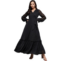 Miss Chase Women's Self Design V-Neck Bishop Sleeves Chiffon Wrap Maxi Dress With Pockets (Mcss23D16-36-62-03, Black, S)