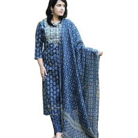 Nermosa Women Embroidery Straight Kurta And Pant Set With Dupatta (In, Alpha, Xl, Blue)