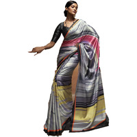Pujia Mills Woman Digital Floral Print Satin Silk Saree Indian Ethnic Wear Simple Printed Saree With Unstitch Blouse Regular Printed Sadi Simple Digital Print Sadi White Saree