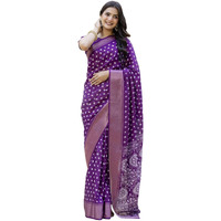 Satrani Women's Dola Silk Bandhani Printed & Woven Zari Stripe Ready To Wear Saree With Unstitched Blouse Piece (49Rs102_Purple)