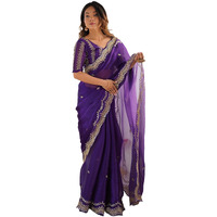 Satrani Women's Shimmer Chiffon Sequins Embroidery Scalloped Border Jimmy Choo Saree With Unstitched Blouse Piece (4317S167N_Purple)