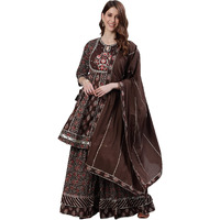 Ishin Women's Pure Cotton Brown Embroidered A-Line Kurta Suit Set With Dupatta & Sharara Kpldytaw-10000_Xxl_Brown