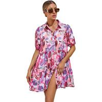 Shasmi Women's Purple Flower Print Short Sleeve Button Front All-Over Printed Dresses, Ruffle Hem Smock Dress For Woman (161 Dress Purple-2Xl)