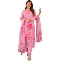 Shiv Textiles Women's Organza Embroidered Kurta Pant Dupatta Set(Jda-Harleen-Pink-S)