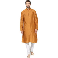 Kisah Cotton Blend Rust Kurta For Men, Full Sleaves, Knee Length, Straight, Regular Fit, Mandarin Collar, Geometric Embroidered Mirror Work Ethnic Casual