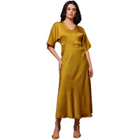 Purvaja Womens V-Neck Silk Maxi Dress (Floe-125-Yellow_Medium)