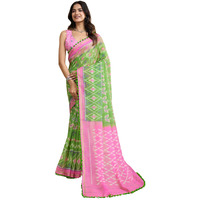 Satrani Women's Cotton Blend Ikkat Printed Pom Pom Lace Work Saree With Unstitched Blouse Piece (4292S927N_Green)