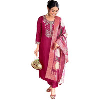 Shiv Textiles Women's Chanderi Silk Embroidered Kurta Pant Dupatta Set(Jda-Sachi-Wine-S)