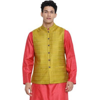 Fabindia Men's Yellow Viscose Blend Striped Nehru Jacket (102409204