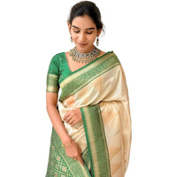 Flosive Women's Beautiful Soft Silk Saree With Zari Weaving With Blouse Piece (Cream & Green)