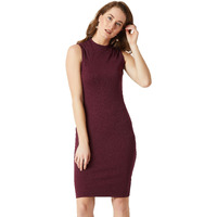 Miss Chase Women's Wine Red Round Neck Sleeveless Solid Semi Sheer Detailing Paneled Bodycon Knee-Long Dress (Mcaw18D10-98-184_Wine Red_L)