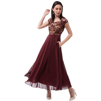 Miss Chase Women's Wine & Beige Floral V - Neck Cap Short Sleeves Lace Overlaid Fit & Flare Paneled Maxi Dress (Mcss21D06-11-603-07, Wine & Beige, Xxl)