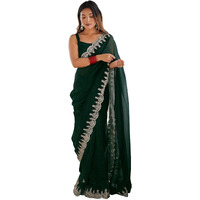 Satrani Women's Shimmer Chiffon Sequence Embroidery Border Jimmy Choo Saree With Unstitched Blouse Piece (4282S6771N_Dark Green)