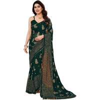 Satrani Women's Georgette Foil Printed Lace Work Saree With Unstitched Blouse Piece (4256S671N_Dark Green)