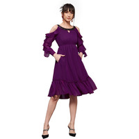 Miss Chase Women's Solid Round Neck Full Sleeves Polyester Ruffled Knee Length Dress With Pockets (Mcss22D16-15-289-03, Dark Purple, S)