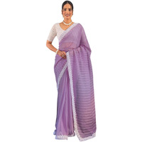 Satrani Women's Chiffon Lace & Self Woved Stripe Saree With Unstitched Blouse Piece (4167S182N_Light Purple)