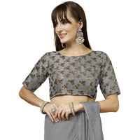Oomph! Women's Indian Ethnic Wear Designer Botanical Pattern Zari Work Boat Neck Half Sleeve Cloud Grey Color Brocade Readymade Blouse For Saree Or Lehnga And Fusion Twist. L