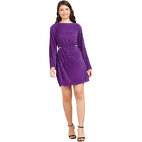 Popwings Casual Wrinkle Cutout Mini Dress For Women | Women Round Neck Dress | Women Knee Length Dress | Full Sleeve Dress For Women Purple