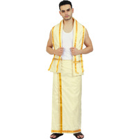 Prakasam Cotton Mens Blended Silk Type Jari Dhoti With Matching Towel/Dhoti 1.28 X 3.60 Meter/1.28 X 1.80 Meter Towel/8 Mulam Vesti & 4 Mulam Towel (Asha-Cream-8X4-006)