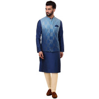 Kisah Men's Kurta Jacket Trouser Set, Navy Blue Cotton Blend, Embroidered Regular Fit Mandarin Collar Long Sleeves (40)