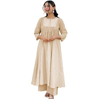 Toochki Women's Muslin Flared Anarkali Embroidered Kurta With Palazzo Beige