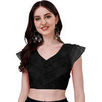 Pujia Mills Women's V Neck Orgenza Three Layer Ruffle Sleeve Frill Readymade Saree Blouse